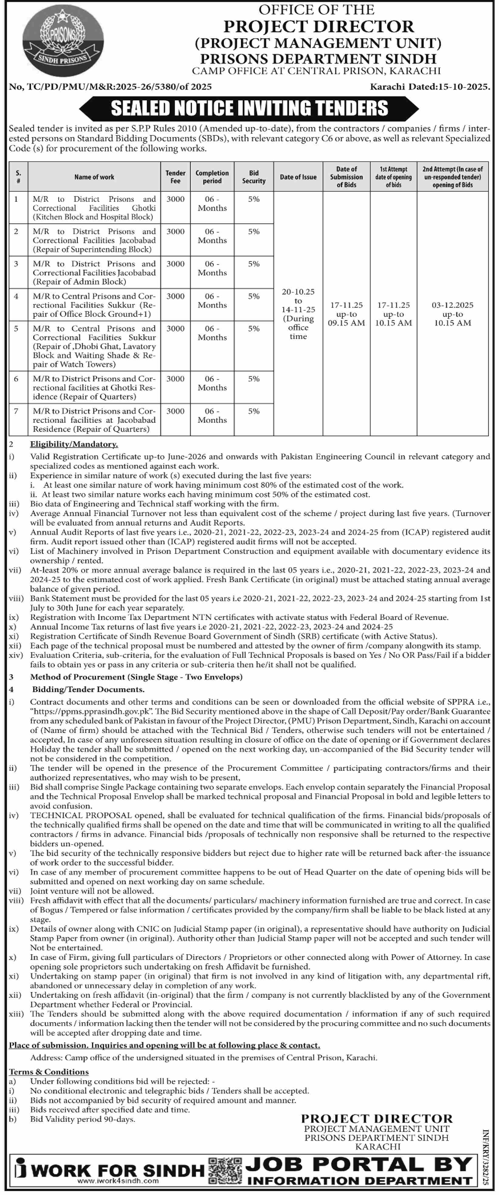 Prison Department Karachi Tender Notice